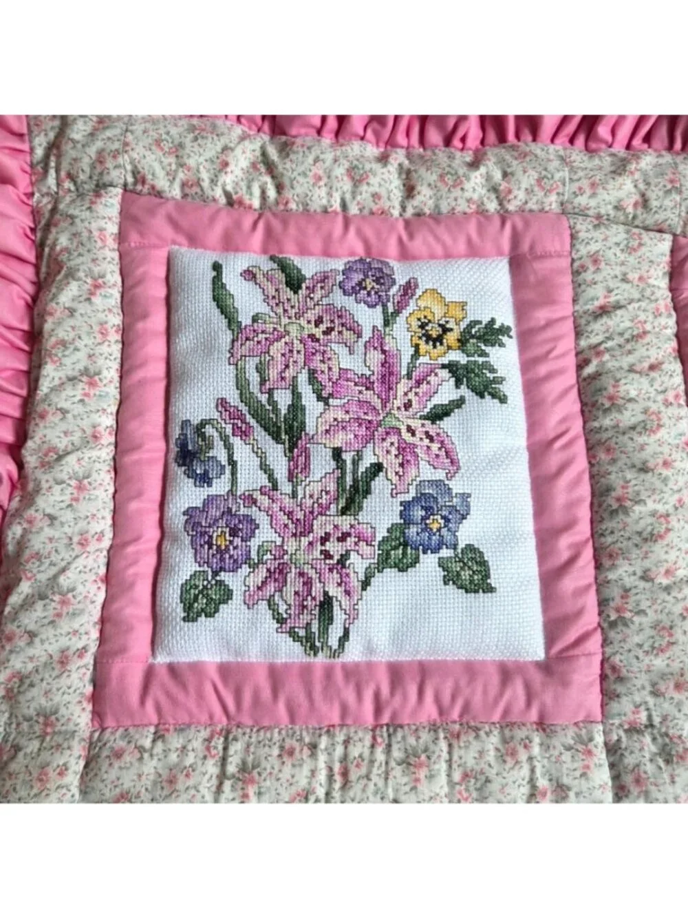 Handmade Hand Cross Stitched Embroidered Pink Floral Quilted Wall Hanging READ